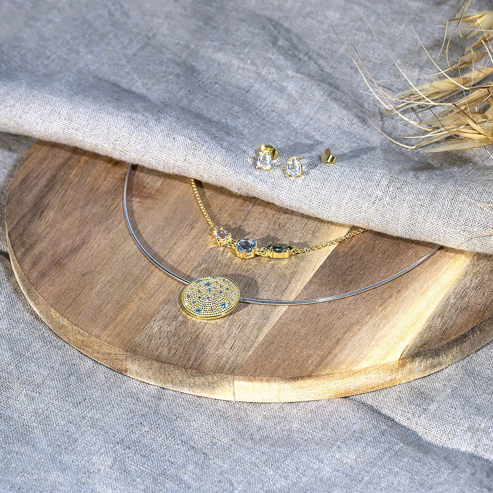 Damencollier 925/- Silber goldplattiert Zirkonia blau u. weiß 42 + 3 cm