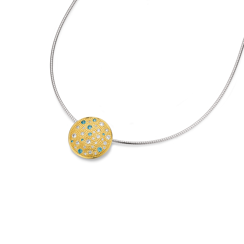 Damencollier 925/- Silber goldplattiert Zirkonia blau u. weiß 42 + 3 cm