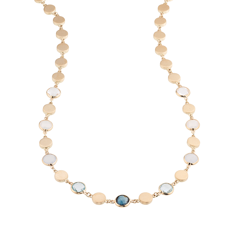 Damencollier 585/- Gelbgold Blautopas, Chalzedon,  Bergkristall u. Quarz