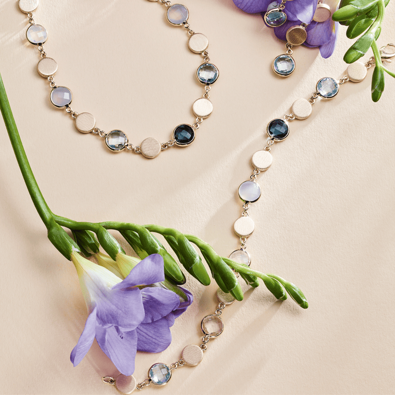 Armband 585/- Gelbgold Blautopas, Chalzedon,  Bergkristall u. Quarz