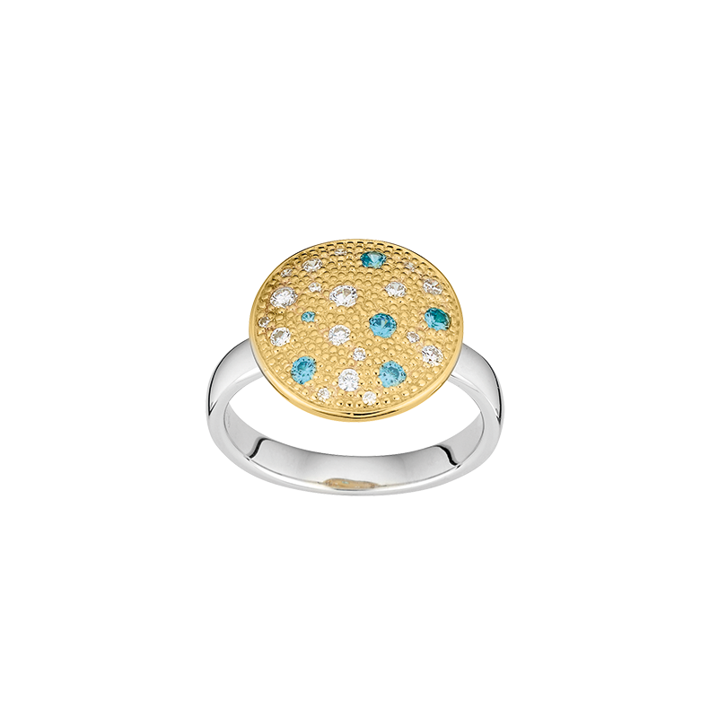 Damenring 925/- Silber goldplattiert Zirkonia blau u. weiß