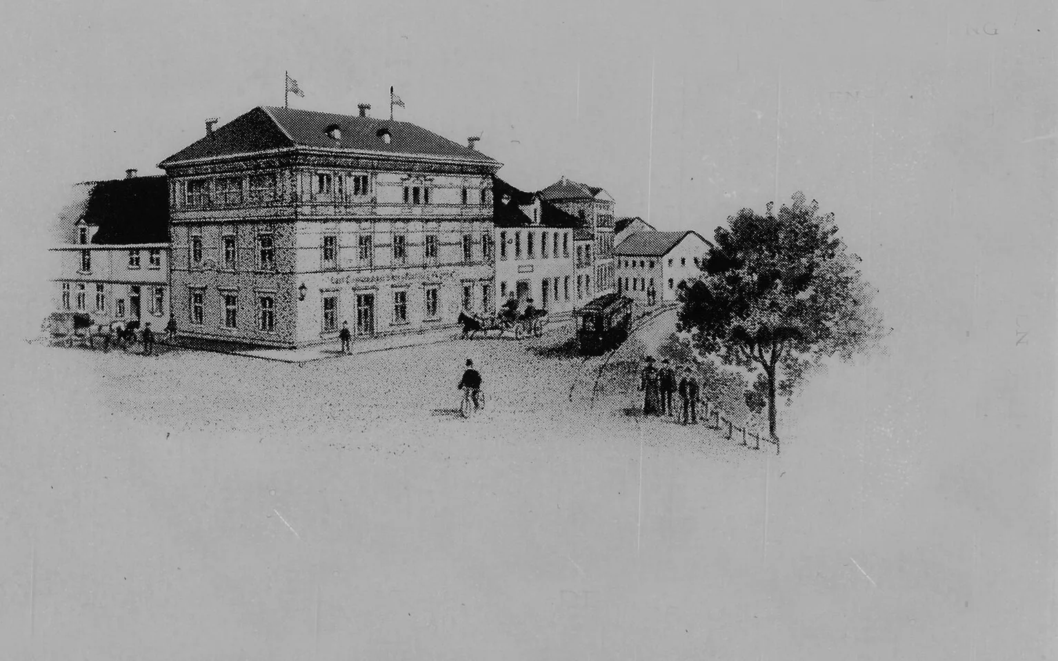 Historische Zeichnung des Engelkemper Stammhauses in Münster mit Pferdefuhrwerk und Pferdebahn