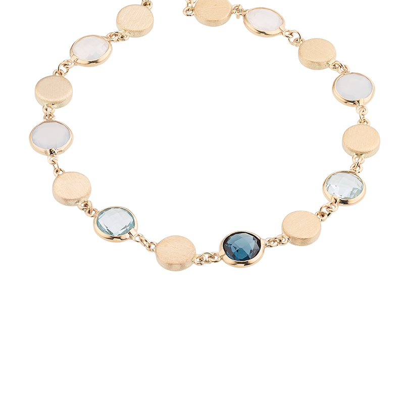 Armband 585/- Gelbgold Blautopas, Chalzedon,  Bergkristall u. Quarz