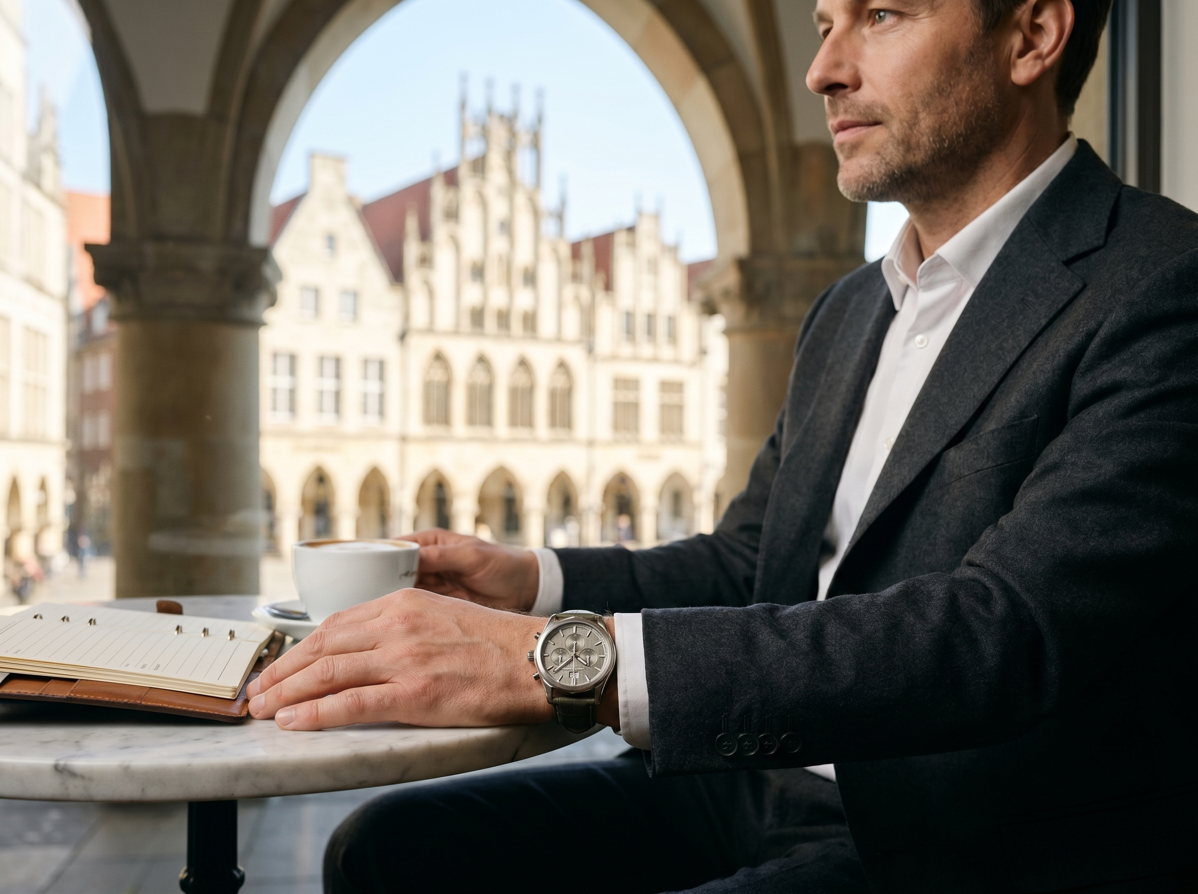 Abeler & Söhne Herrenuhr AS3317 — Lifestyle-Aufnahme im Café am Prinzipalmarkt Münster